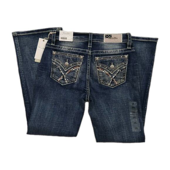 MISS ME Mid Rise Boot Jeans Women's Size 29x30 USA Flag embellished Pockets NWT - Picture 1 of 12